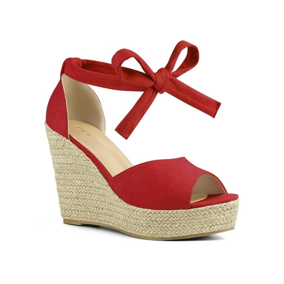BLISSFUL STEP Platform Espadrilles Ankle Tie Wedge Sandals for Women Red 6
