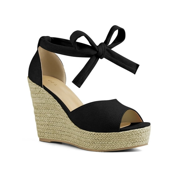 BLISSFUL STEP Platform Espadrilles Ankle Tie Wedge Sandals for Women Black 8.5