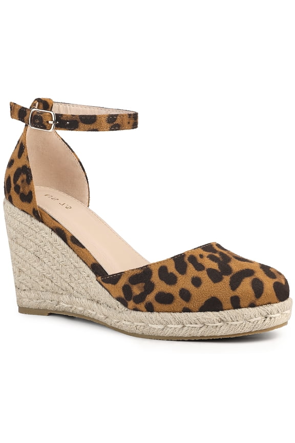 BLISSFUL STEP Platform Espadrilles Closed Toe Wedge Heel Sandals for Women Leopard 7.5