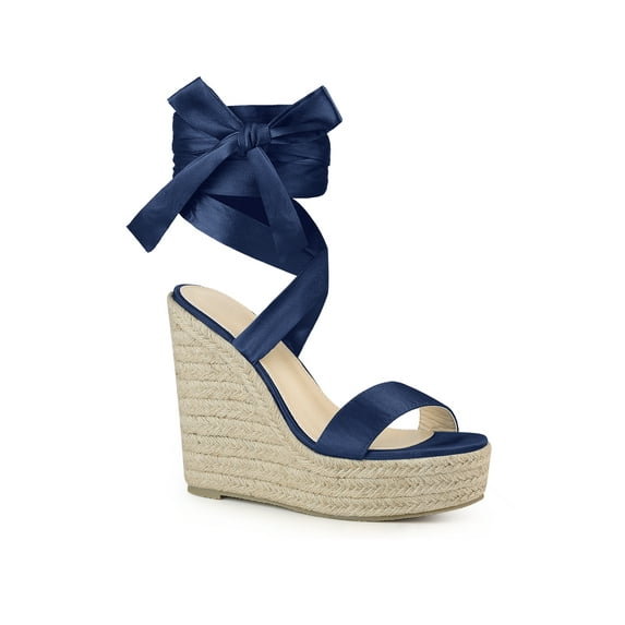 BLISSFUL STEP Platform Espadrilles Satin Lace Up Wedge Sandals for Women Navy Blue 6
