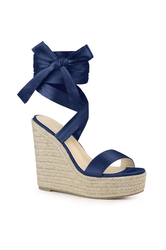 Platform Espadrilles Satin Lace Up Wedge Sandals for Women Navy Blue 9