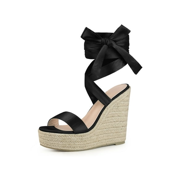 Perphy Platform Espadrilles Satin Lace Up Wedge Sandals for Women Black 6.5