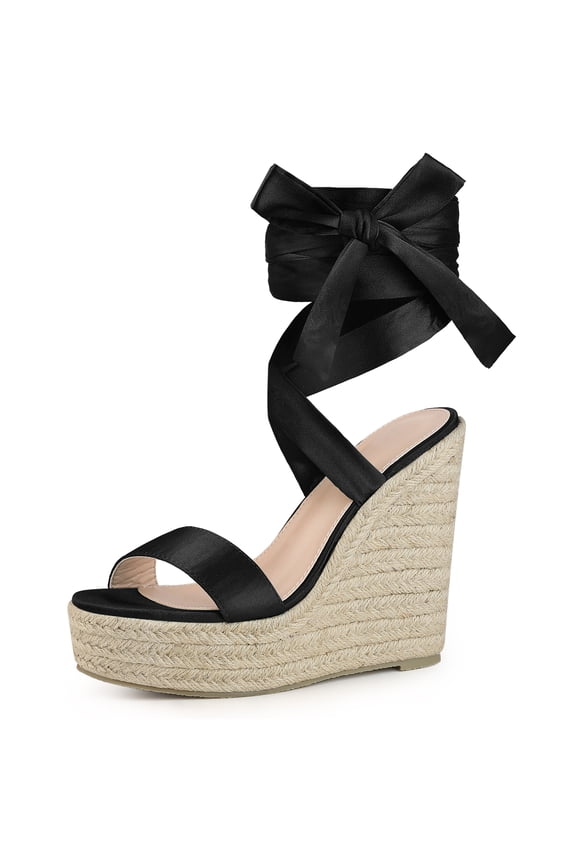 Platform Espadrilles Satin Lace Up Wedge Sandals for Women Black 7