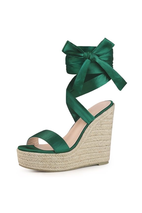Platform Espadrilles Satin Lace Up Wedge Sandals for Women Dark Green 9.5