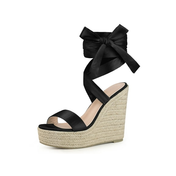 BLISSFUL STEP Platform Espadrilles Satin Lace Up Wedge Sandals for Women Black 9