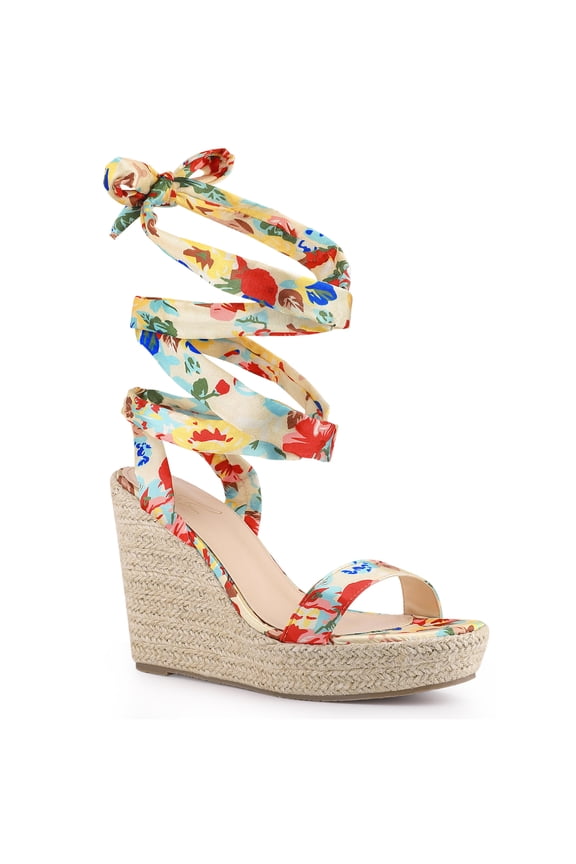 Platform Floral Printed Espadrille Wedge Sandals for Women Yellow 9