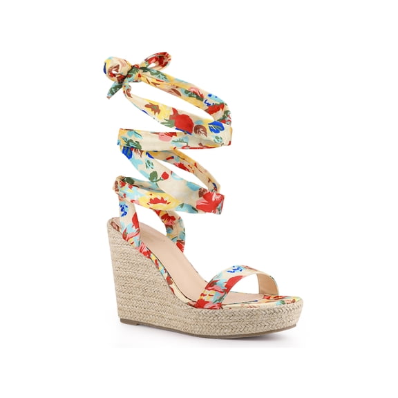 BLISSFUL STEP Platform Floral Printed Espadrille Wedge Sandals for Women Yellow (Size 10)