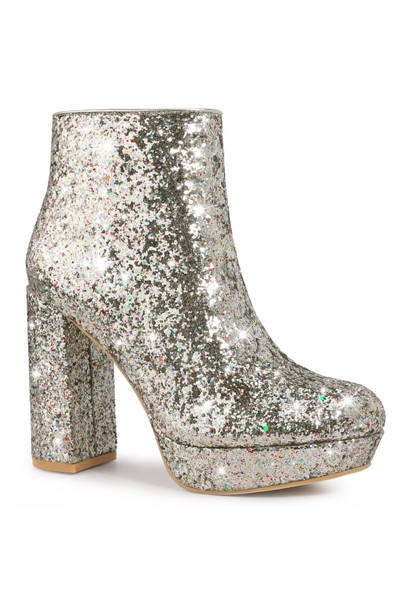 Women's Ankle Boots Sparkly Glitter Chunky Heel Platform Side Zipper Booties Silver 8.5