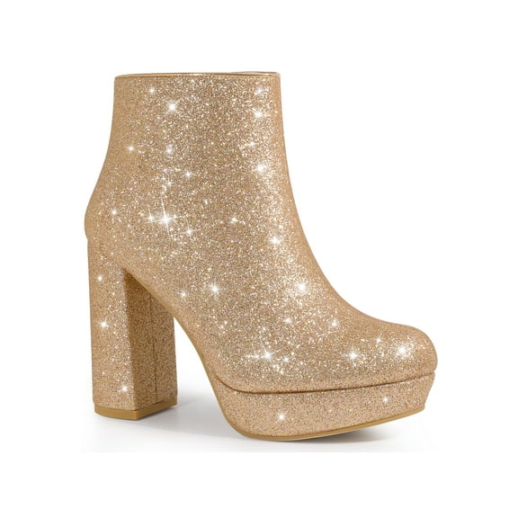 BLISSFUL STEP Women's Ankle Boots Sparkly Glitter Chunky Heel Platform Side Zipper Booties  Rose Gold 7