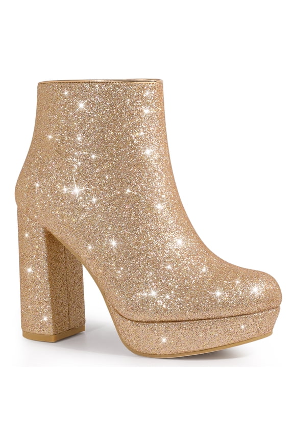 Women's Ankle Boots Sparkly Glitter Chunky Heel Platform Side Zipper Booties Rose Gold 7