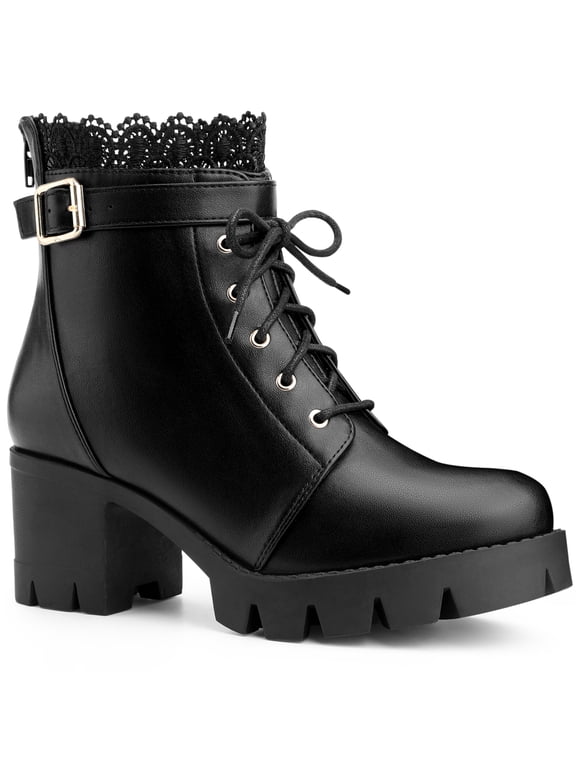 Woen's Back to School Ankle Boots Faux Leather Lace Chunky Heel Platform Zipper Combat Boots Black 7