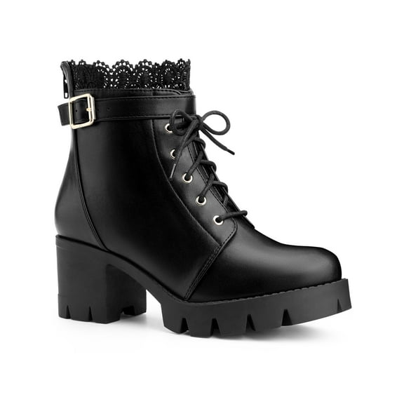 BLISSFUL STEP Woen's Ankle Boots Faux Leather Lace Chunky Heel Platform Round Toe Zipper Combat Boots Black 8