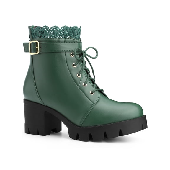 BLISSFUL STEP Woen's Ankle Boots Faux Leather Lace Chunky Heel Platform Round Toe Zipper Combat Boots Dark Green 8.5