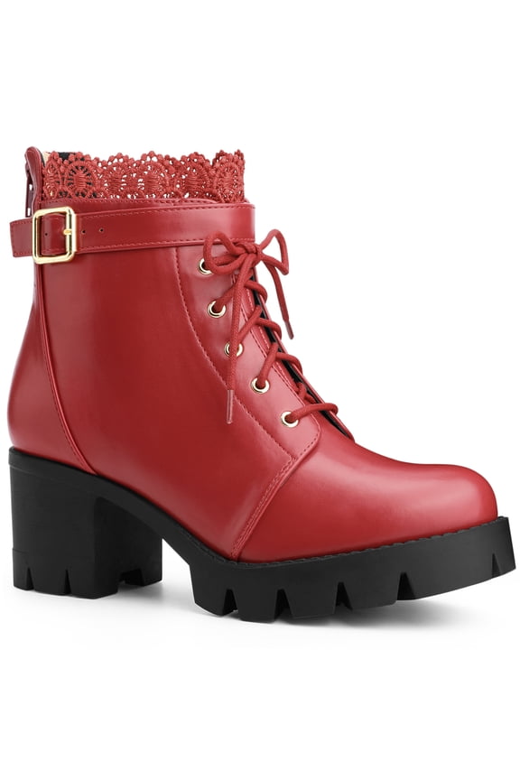 Woen's Ankle Boots Faux Leather Lace Chunky Heel Platform Round Toe Zipper Combat Boots Red 8.5