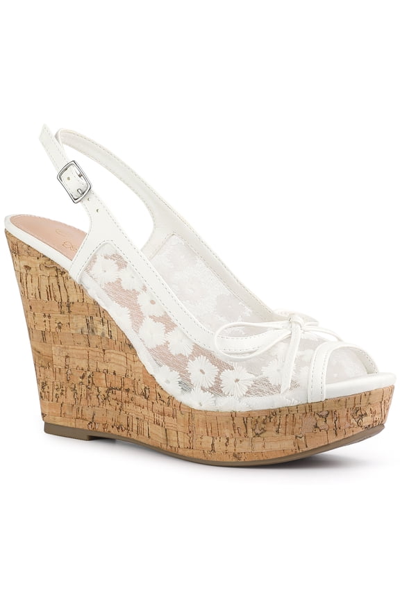 Platform Heels Lace Bow Slingback Wedge Sandals for Women White 5.5