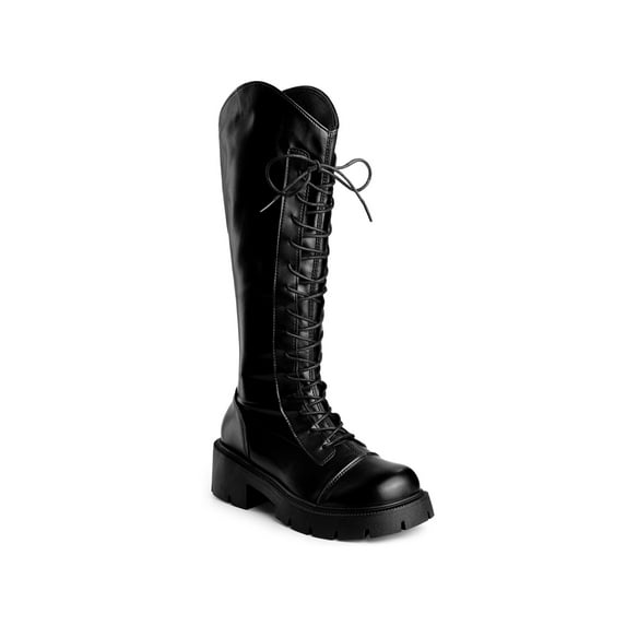 BLISSFUL STEP LPlatform Lace Up Block Heel Knee High Combat Boots for Women Black (Size 6)