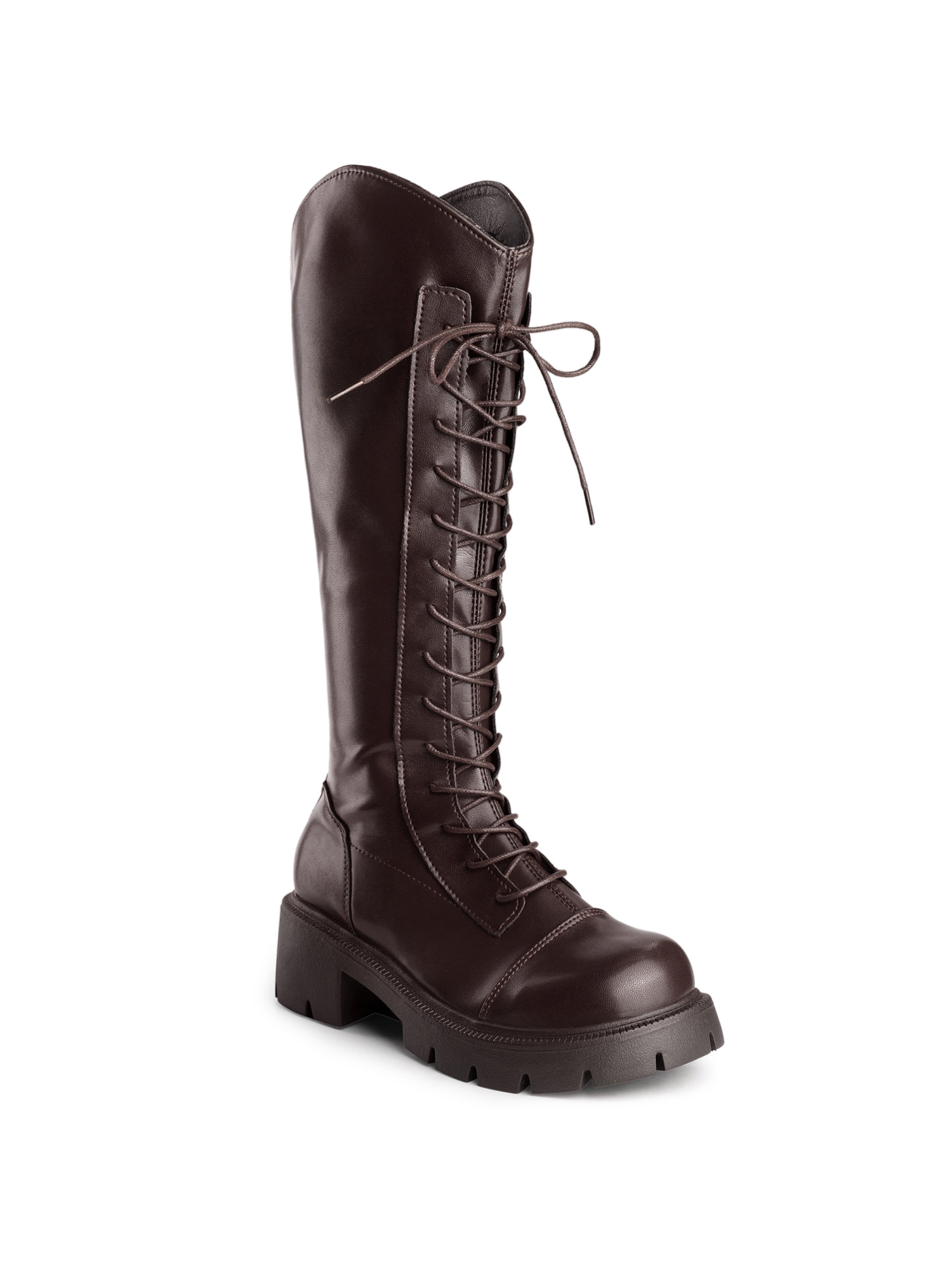 Perphy Platform Lace Up Block Heel Knee High Combat Boots for Women ...