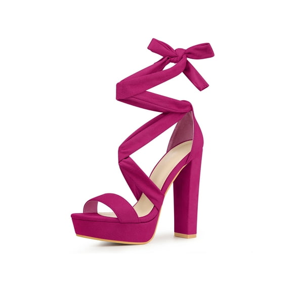 BLISSFUL STEP Platform Lace Up Block Heels Sandals for Women Hot Pink 10.5