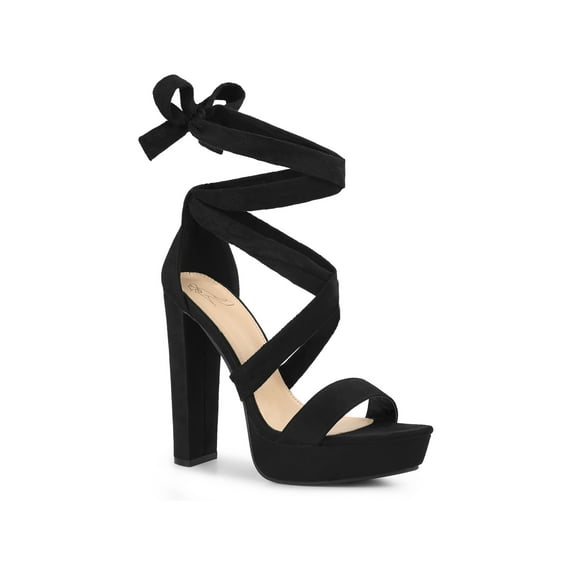 BLISSFUL STEP Platform Lace Up Block Heels Sandals for Women Black 7