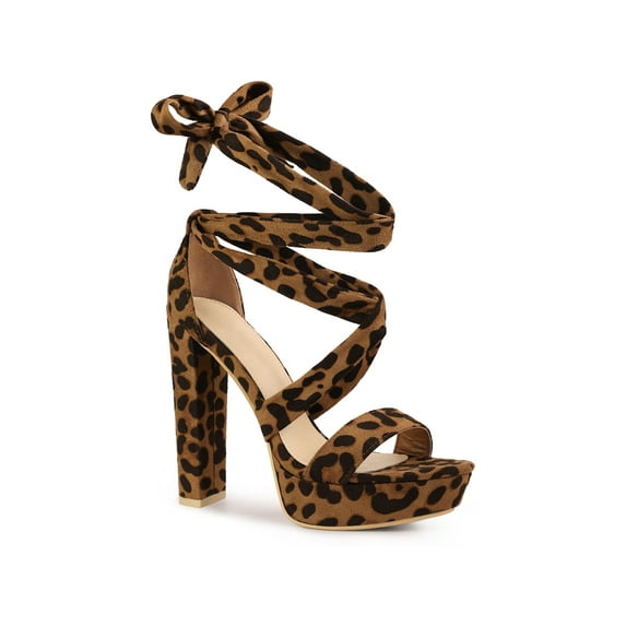 BLISSFUL STEP Platform Lace Up Block Heels Sandals for Women Leopard 9.5