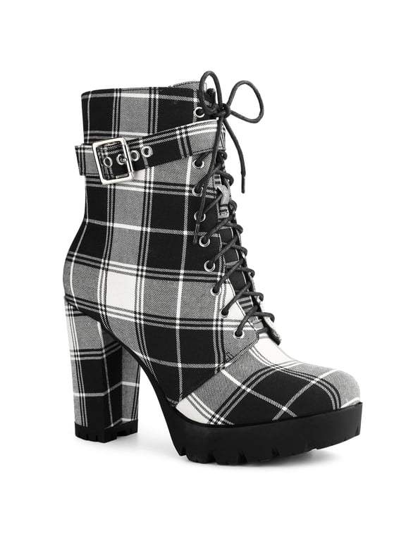 Women's Ankle Boots Plaid Combat Chunky Heel Lace-Up Platform High Heel Buckle Boots Black 7