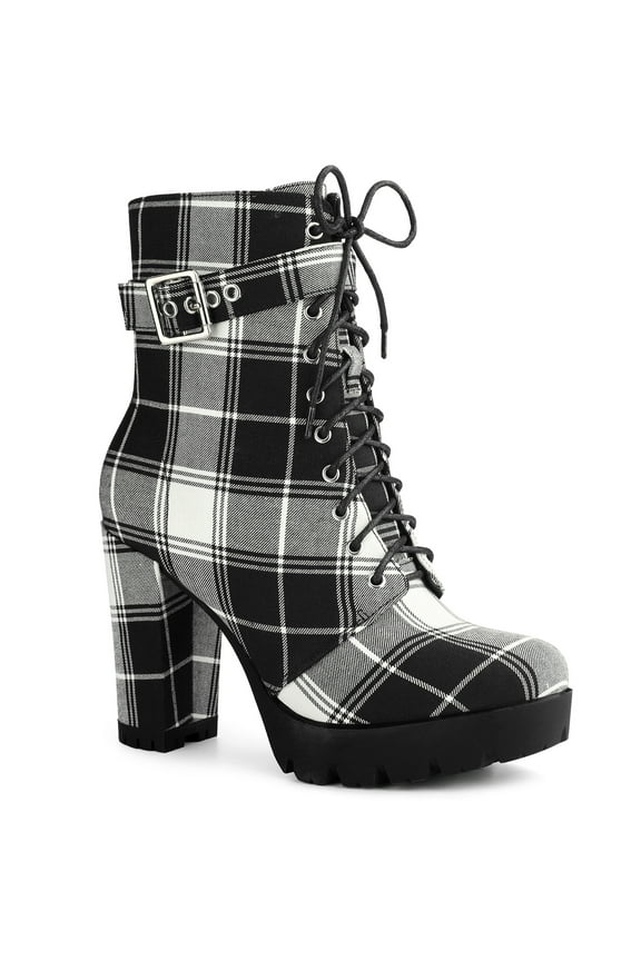 Women's Ankle Boots Plaid Combat Chunky Heel Lace-Up Platform High Heel Buckle Boots Black 7