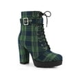 thumbnail image 1 of BLISSFUL STEP Women's Ankle Boots Plaid Combat Chunky Heel Lace-Up Platform High Heel Buckle Boots Blue Green 8, 1 of 5