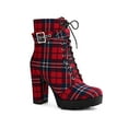 thumbnail image 1 of BLISSFUL STEP Women's Ankle Boots Plaid Combat Chunky Heel Lace-Up Platform High Heel Buckle Boots Red 6, 1 of 6