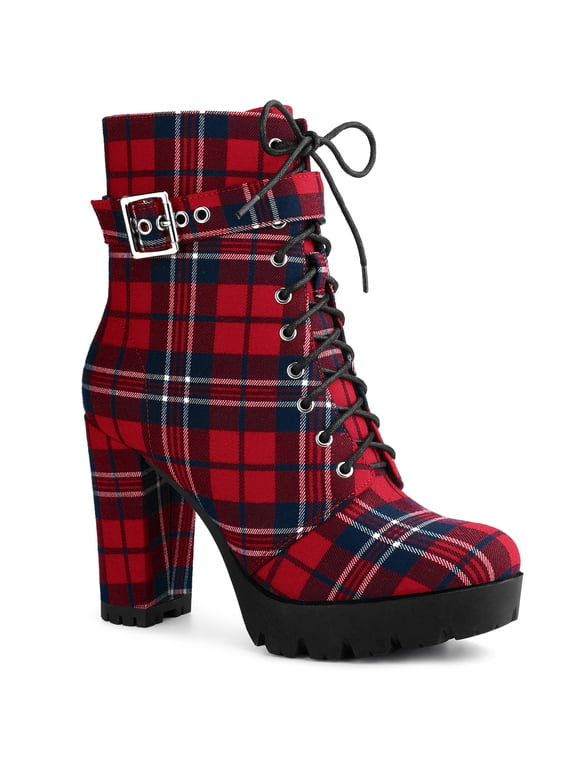 Women's Ankle Boots Plaid Combat Chunky Heel Lace-Up Platform High Heel Buckle Boots Red 9.5