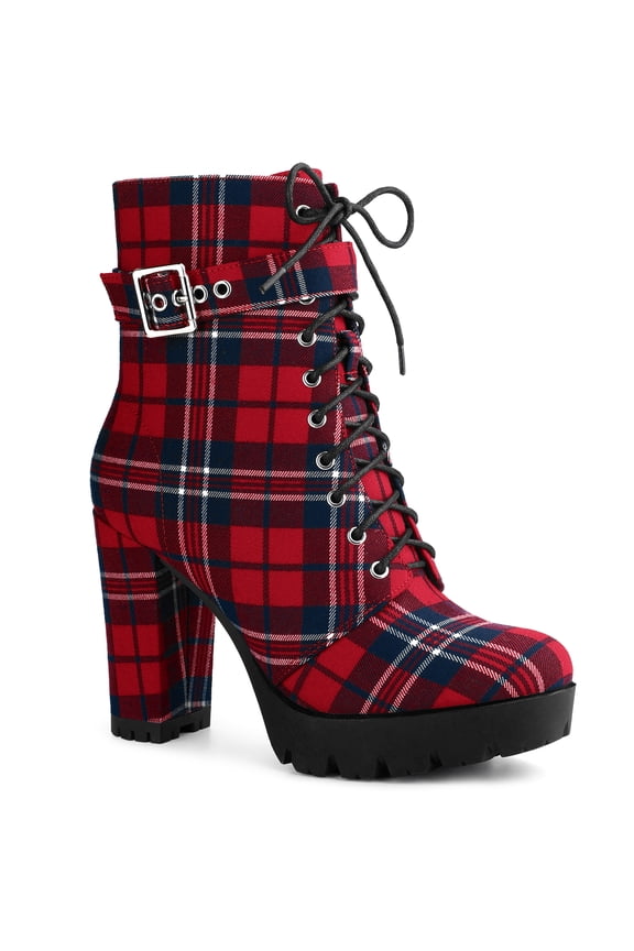 Women's Ankle Boots Plaid Combat Chunky Heel Lace-Up Platform High Heel Buckle Boots Red 9
