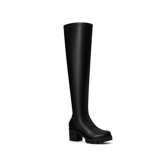 BLISSFUL STEP Women's Boots Faux Leather Thigh High Chunky Heel Side Zipper Boots Black 8.5
