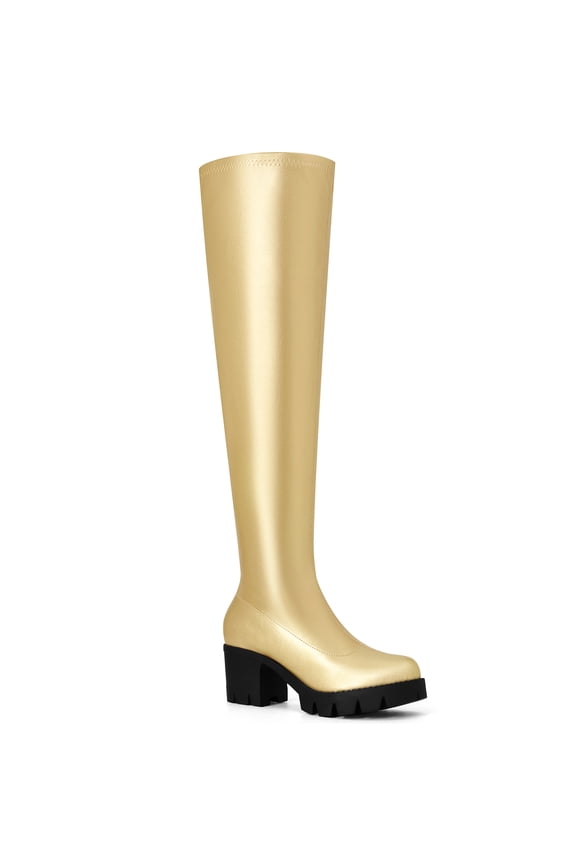 Women's Boots Faux Leather Thigh High Chunky Heel Side Zipper Boots Gold 10