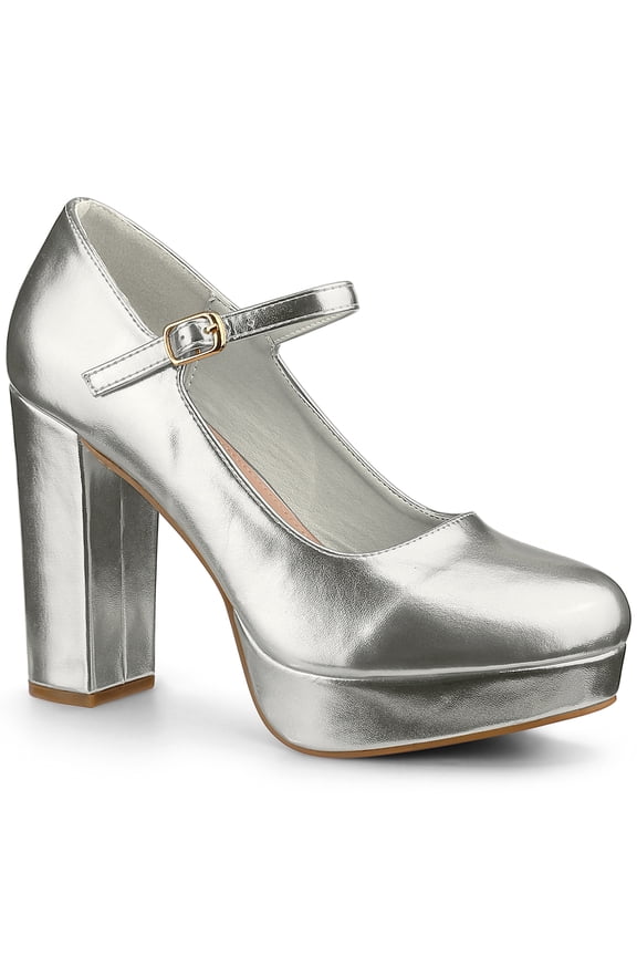 Women's Shoes Mary Jane Pumps Chunky Heel Platform Round Toe Ankle Strap Heels Silver 9