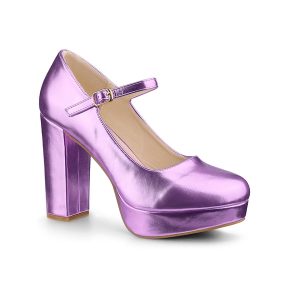 BLISSFUL STEP Women's Shoes Mary Jane Pumps Chunky Heel Platform Round Toe Ankle Strap Heels Purple 11