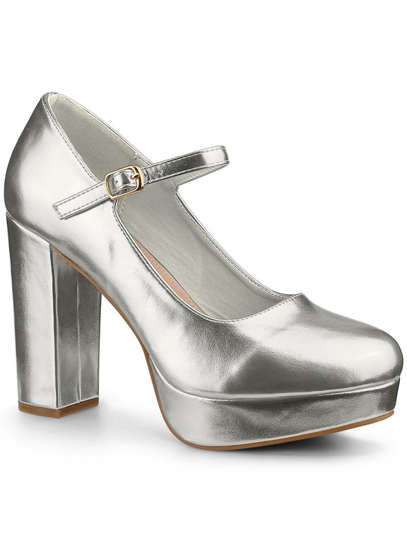Women's Shoes Mary Jane Pumps Chunky Heel Platform Round Toe Ankle Strap Heels Silver 8