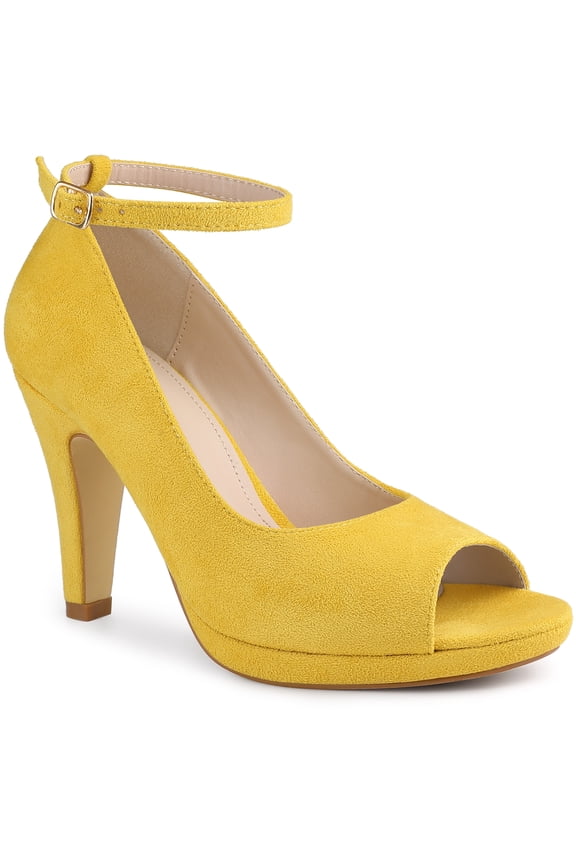 Platform Peep Toe Ankle Strap Stiletto Heel Pumps for Women Yellow 8.5