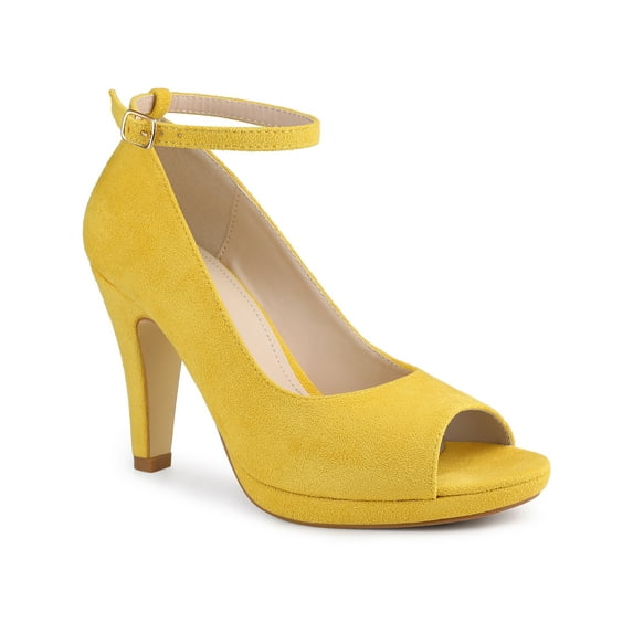 BLISSFUL STEP Platform Peep Toe Ankle Strap Stiletto Heel Pumps for Women Yellow 9.5