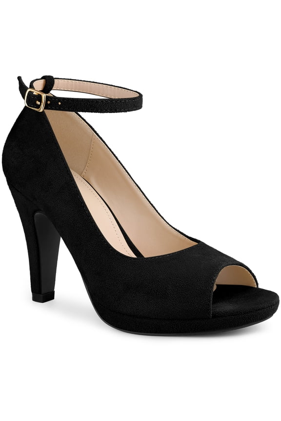 Platform Peep Toe Ankle Strap Stiletto Heel Pumps for Women Black 7