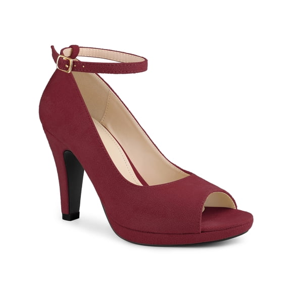 BLISSFUL STEP Platform Peep Toe Ankle Strap Stiletto Heel Pumps for Women Burgundy 7