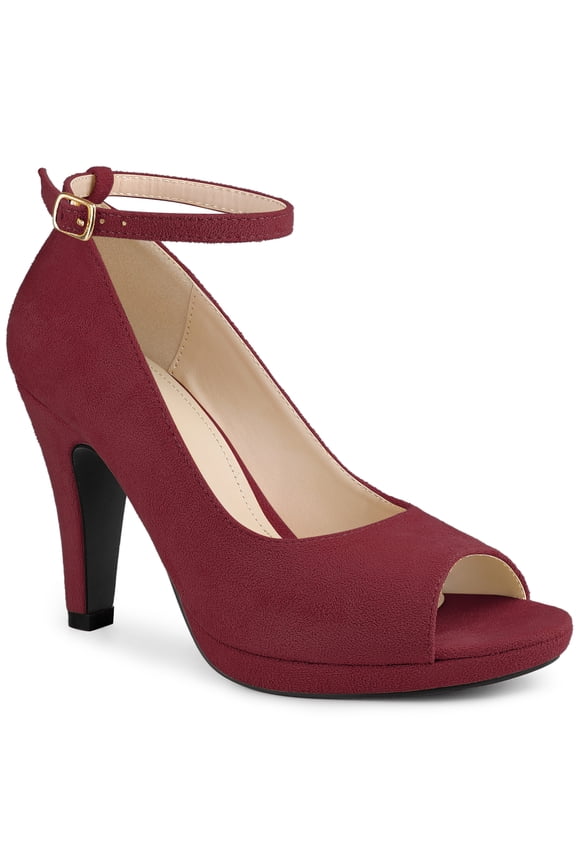 Platform Peep Toe Ankle Strap Stiletto Heel Pumps for Women Burgundy 7