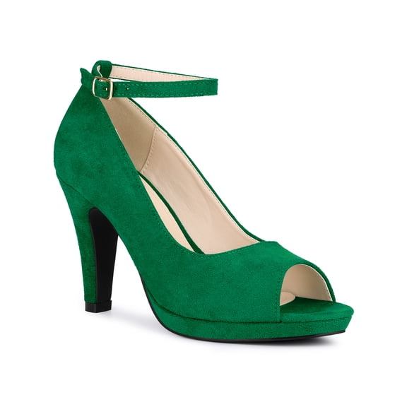 BLISSFUL STEP Platform Peep Toe Ankle Strap Stiletto Heel Pumps for Women Green 7