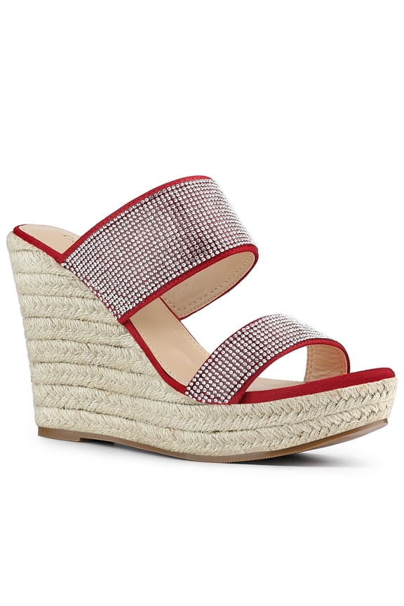 Platform Rhinestones Dual Strap Espadrille Wedge Sandals for Women Red 7