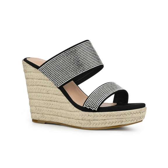 BLISSFUL STEP Platform Rhinestones Dual Strap Espadrille Wedge Sandals for Women