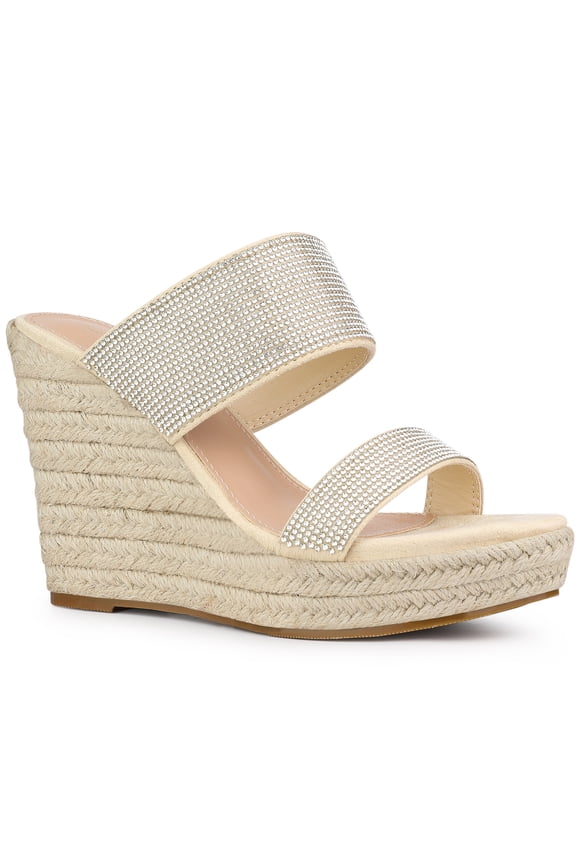 Platform Rhinestones Dual Strap Espadrille Wedge Sandals for Women