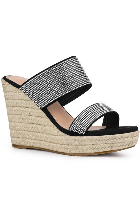Platform Rhinestones Dual Strap Espadrille Wedge Sandals for Women Black 7