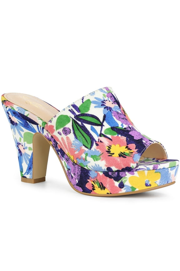 Platform Sandals Floral Chunky Heels Slides Sandals for Women Blue 10