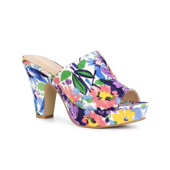 BLISSFUL STEP Platform Sandals Floral Chunky Heels Slides Sandals for Women Blue 10