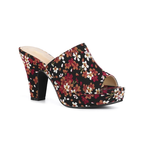 BLISSFUL STEP Women's Shoes Platform Sandals Floral Chunky Heels Slides Sandals Black 7
