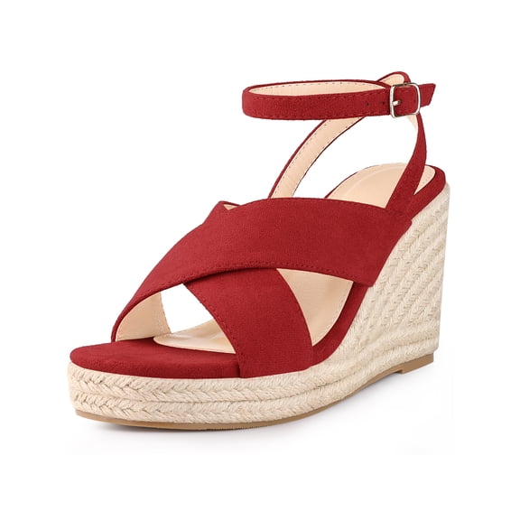 BLISSFUL STEP Platform Slingback Cross Straps Espadrilles Wedge Sandals for Women Red 9.5