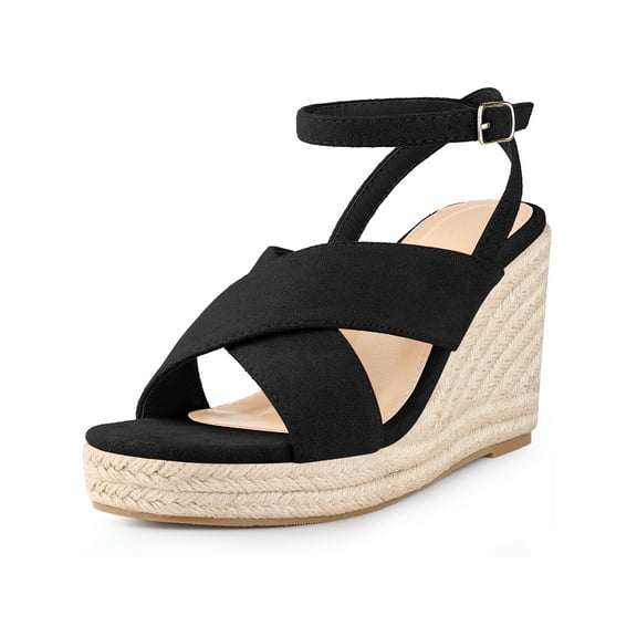 BLISSFUL STEP Platform Slingback Cross Straps Espadrilles Wedge Sandals for Women Black 8